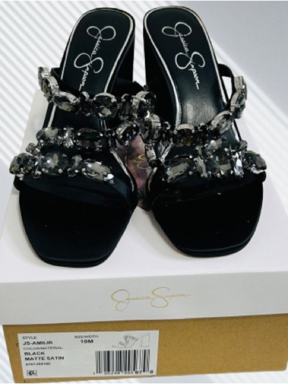 Jessica Simpson Women’s Amilir Embellished Block-Heel Dress Sandals Black Satin